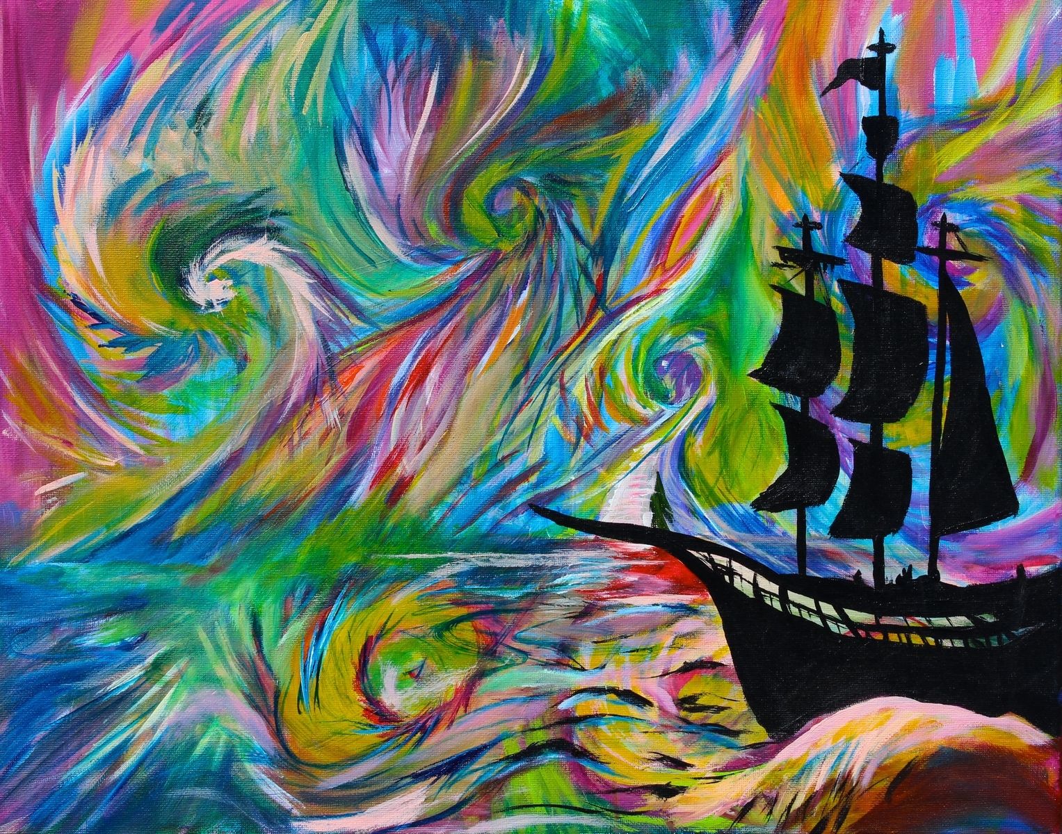 Handmade Painting - Psychedelic Ship- Pirate Ship 