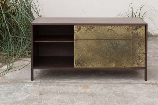 Custom Made Walnut Credenza With Patinated Brass Doors