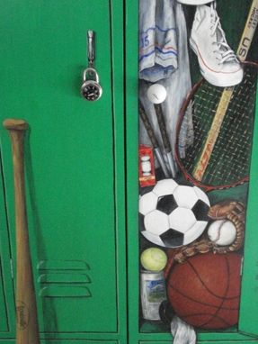 Custom Made Closet Doors Painted Trompe L'Oeil Style To Be A Sports Locker.