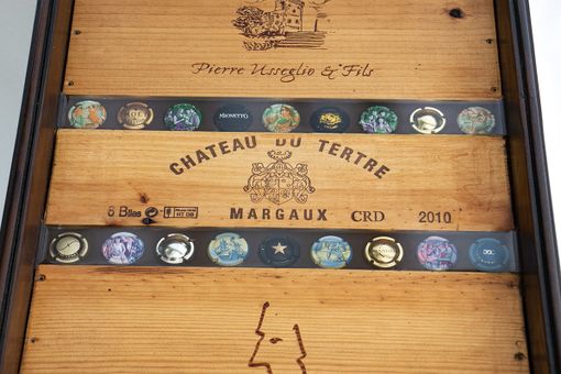 Custom Made French Wine Crate Panels With Champagne Caps In Resin