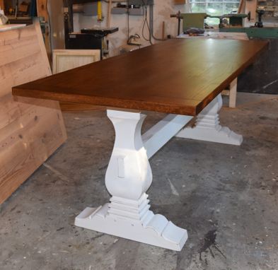 Custom Made Trestle Table With Urn Shaped Post And Shoe Foot In Oak And White Paint