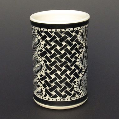 Custom Made Large Handmade Stoneware Vase With Zen Doodle Carved Pattern