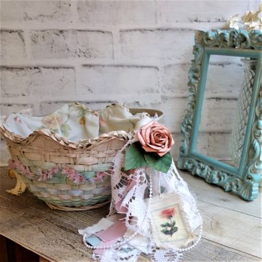 Custom Made Pink And Green Shabby Chic Decor Rose Basket