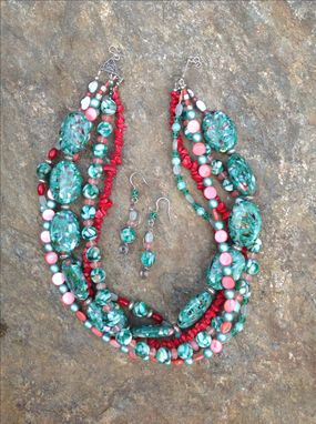 Custom Made Multi Strand Teal And Red Coral Necklace Set