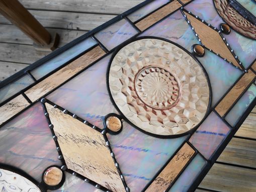 Custom Made Stained Glass Plate Panel, Vintage Jeannette Cubist Stained Glass Window Transom