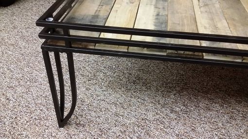 Custom Made Coffee Table With Vintage Pallet Boards, Beveled Glass Top And Three Post Hairpin Legs