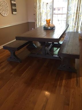 Custom Made Handmade, Solid Wood Dining Table With Star-Shaped Base And Matching Benches