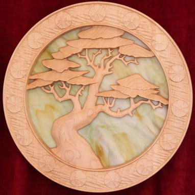 Custom Made Bonsai With Stained Glass Wood Carved Art Piece