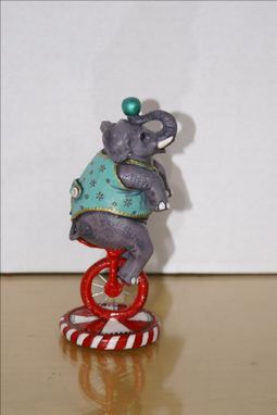 Custom Made Hand Sculpted Polymer Figurine Of Circus Elephant In Teal On Unicycle
