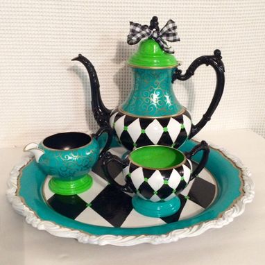 Custom Made Painted Tea Set // Painted Silver Tea Set // Whimsical Painted Tea Set