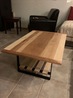 Custom Made Modern Cherry And Maple Coffee Table With Industrial Steel Legs And Maple Shelving