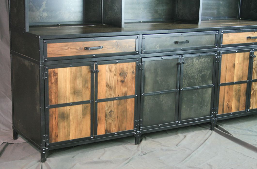 Buy Hand Made Industrial Credenza W/ Hutch. Rustic Bar W/ Shelving