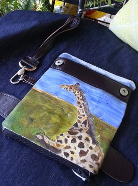 Custom Made Giraffe Wristlet Wallet, Fine Art , Leather, Clutch, Handbag Featuring Original Acrylic Painting