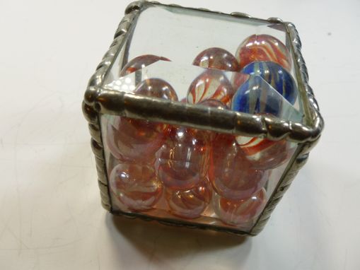 Custom Made Cubic Glass Paperweight With Orange-Colored Glass Marbles