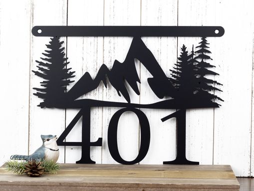 Custom Made Metal House Number Sign, Mountains, Pine Trees
