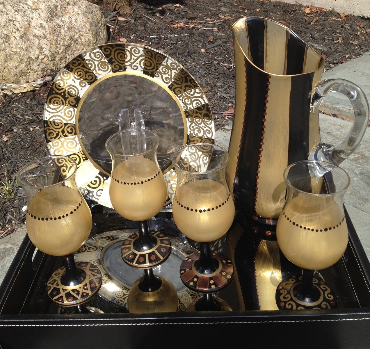 Hand Crafted Hand Painted Stemware Gold Black Bronze Metallic by