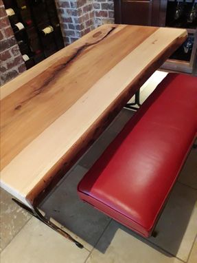 Custom Made Live Edge Pecan Wine Tasting Table And Authentic Leather Covered Benches
