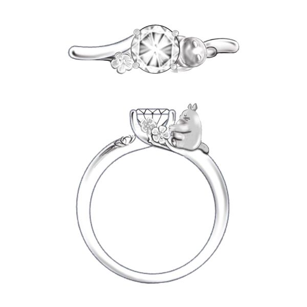 This white gold solitaire engagement ring features a lovable Totoro hugging the center diamond.
