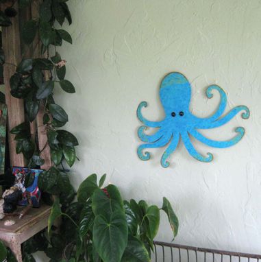 Custom Made Octopus Art Sculpture - Otis - Blue Aqua Upcycled Metal Wall Ocean Decor