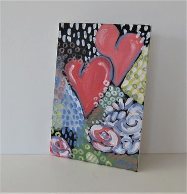 Custom Made Red Hearts Original Art Canvas, 5" X 7", Flowers And Hearts Acrylic Painting