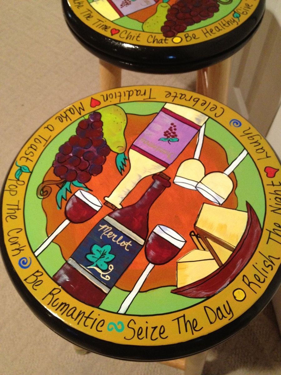 Hand Made Custom Hand Painted 29" Wooden Round Top Bar Stool Kitchen