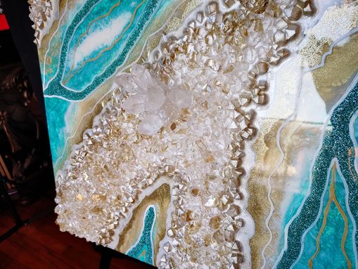 Custom Made Resin Painting Geode Wall Art, Teal Blue Green White Gold Ocean Theme Real White Quartz Crystals