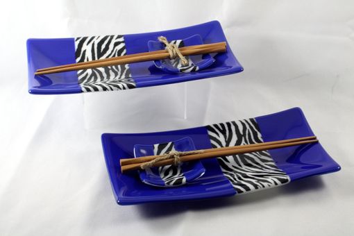 Custom Made Blue Glass Sushi Set With Zebra Stripes For Two