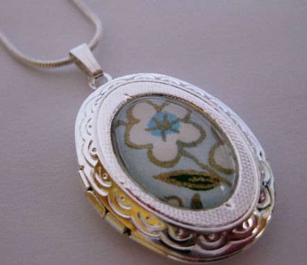 Custom Made Silver Locket With White And Blue Flowers Design On Snake Chain Necklace