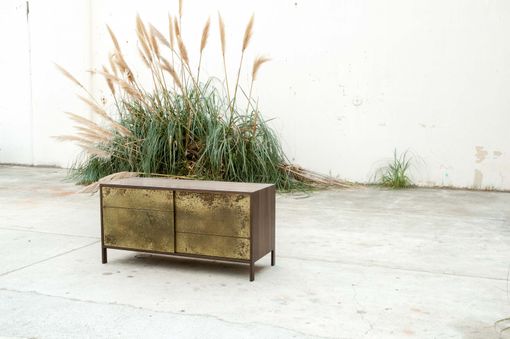 Custom Made Walnut Credenza With Patinated Brass Doors