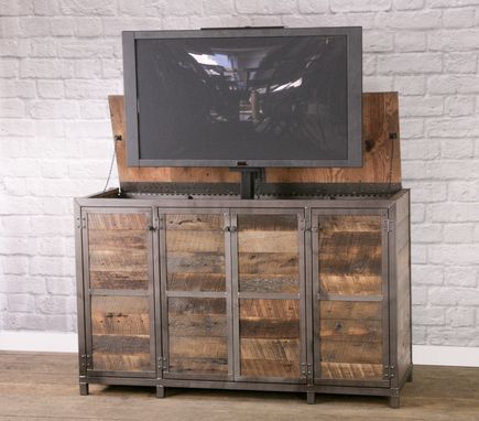 Custom Made Vintage Modern Tv Lift Cabinet. Electronic Media Console With Lift. Rustic Entertainment Center.
