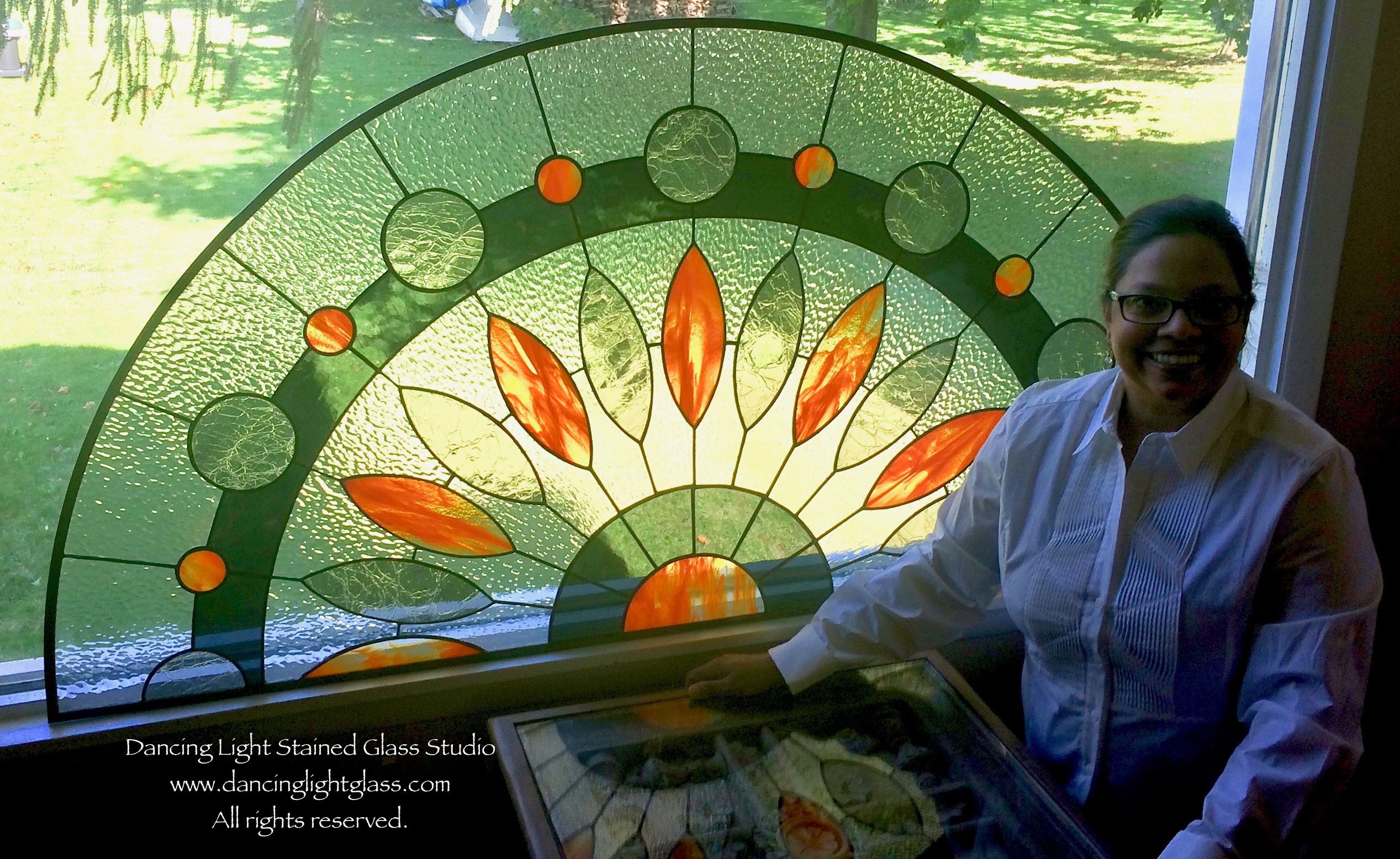 Custom Half Round Sister Stained Glass Transoms by Dancing Light