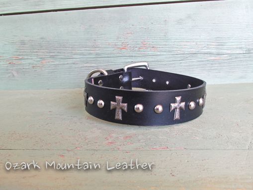 Custom Made Custom Black Leather Dog Collar With Cross Conchos