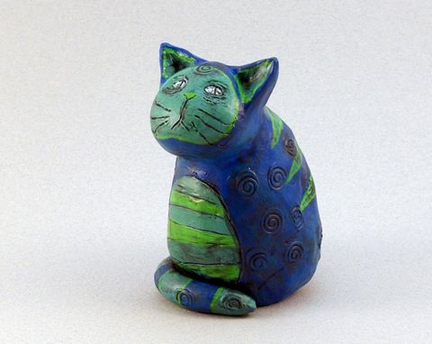 Custom Made Blue Cat Figurine Sculpture With Green Stripes