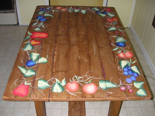 Custom Made Kitchen / Patio Table Hand Painted Faux Wood With Harvest Fruit Border