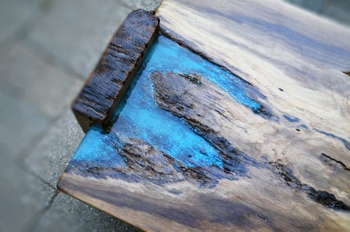 Custom Made Live Edge Rustic Oak With Turquoise Inlay Coffee Table