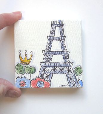 Custom Made Acrylic Painting, Paris Eiffel Tower And A Crown Original Pen And Ink On Canvas