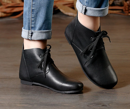 Custom Made Handmade Black Shoes,Ankle Boots,Oxford Women Fall Shoes, Flat Tie Shoes, Retro Leather Shoes