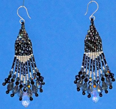 Custom Made Beaded Earrings, Black Dangling With Crystals