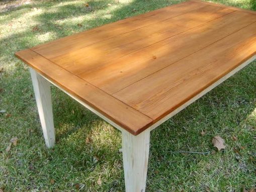 Custom Made Yellow Pine Table With Antique White Base, Matching Benches