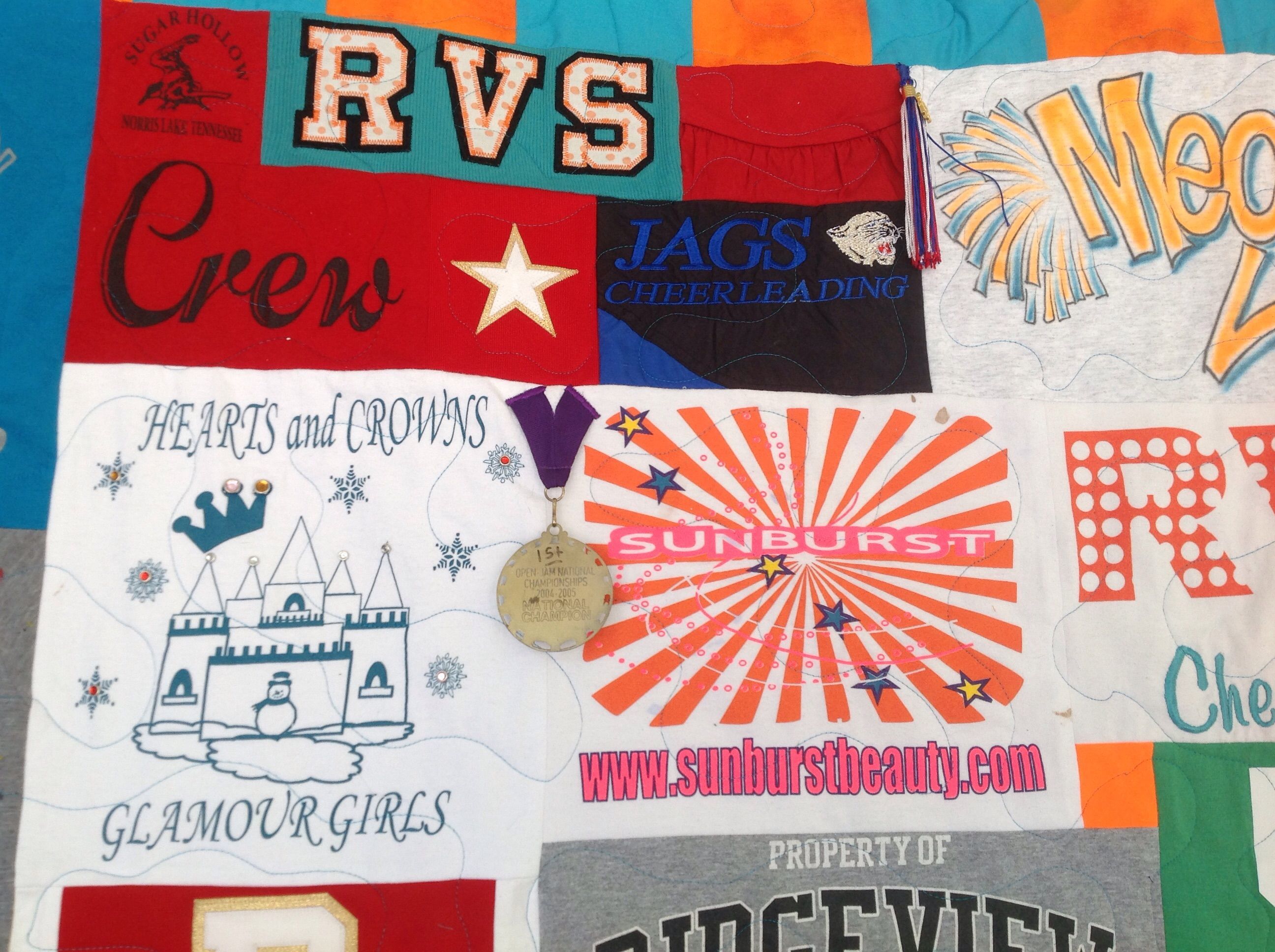 Hand Crafted Custom Cheerleading Uniform Tshirt Memory Quilt With Bow And Award Medals