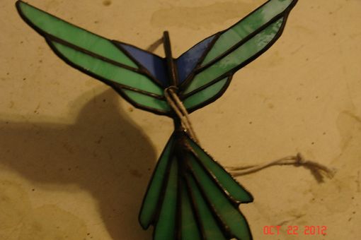 Custom Made 3d Flying Stained Glass Hummingbird In Green, Blue And Yellow Sz 8 1/2 X 8