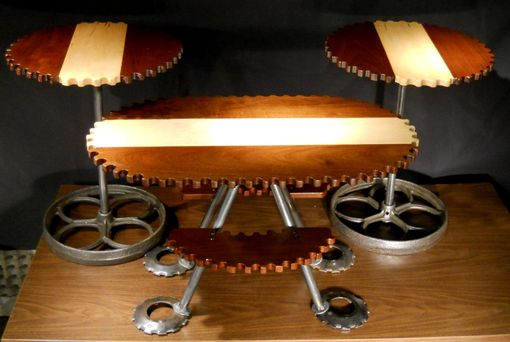 Custom Made 3pc Gear Shaped Livingroom Table Set, Vintage Industrial Style Walnut & Maple Coffee Table