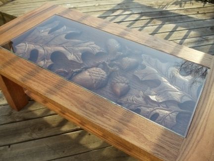 Custom Made Oak Coffee Table Oak Leaf Acorn Scene Hand 