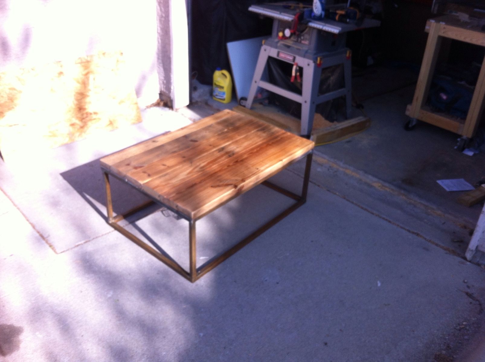 Hand Crafted Metal Base Reclaimed Wood Top Coffee Table by Osleeper