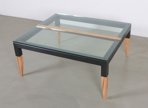 Custom Made 'Squared' Coffee Table In Recycled Steel, Glass And Reclaimed Black Oak