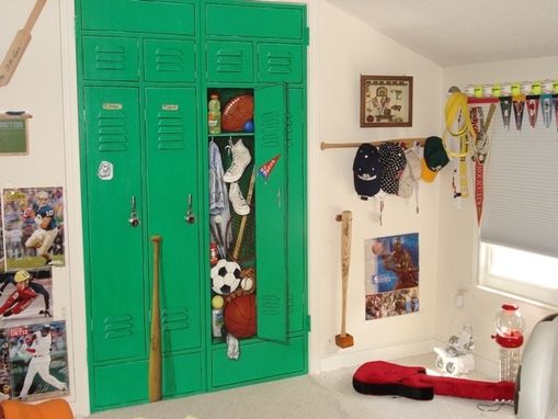 Custom Made Closet Doors Painted Trompe L'Oeil Style To Be A Sports Locker.