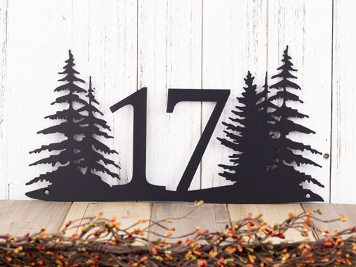 Custom Made Metal House Number Sign, Pine Trees, 2 Digit - Matte Black Shown