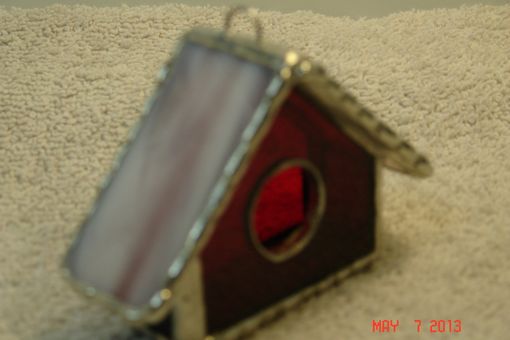 Custom Made Empty Nest Bird House Ornament In Classic Red With Creamy Pink Swirled Roof