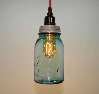 Custom Made Antique Aqua Ball Mason Jar Hanging Pendant Light