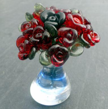 Custom Made Miniature Glass Bouquet Of Red Roses In Glass Vase